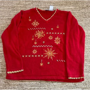 Holiday Editions Red with Gold Snow Flakes Christmas Sweater Size XL